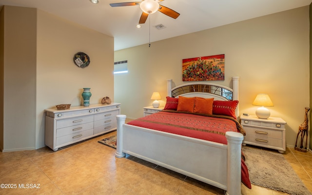 bedroom featuring visible vents, ceiling fan, and baseboards
