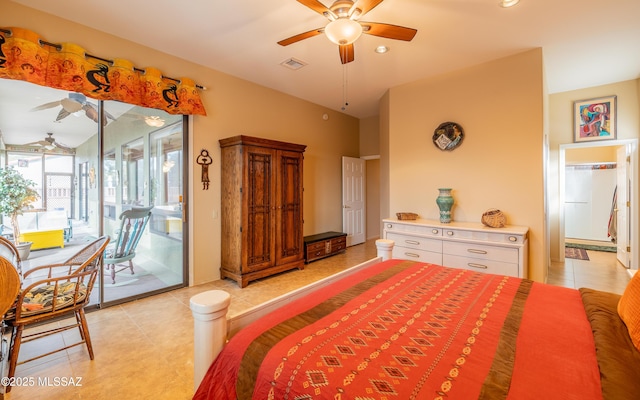 bedroom with light tile patterned flooring, visible vents, and access to outside