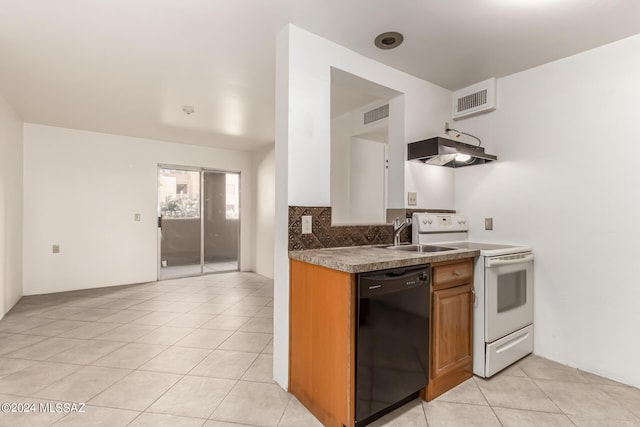 kitchen featuring tasteful backsplash, light tile patterned floors, dishwasher, and white electric range oven