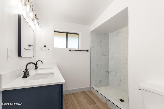 bathroom with vanity, a tile shower, and toilet