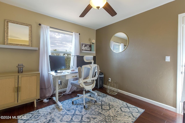 office area featuring dark wood-type flooring, a ceiling fan, and baseboards