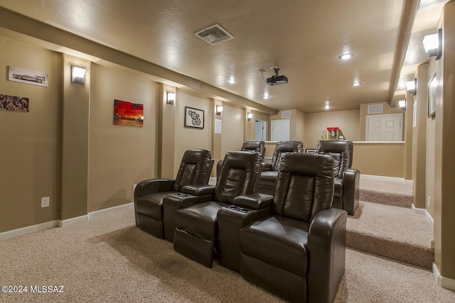 cinema featuring recessed lighting, visible vents, carpet flooring, and baseboards