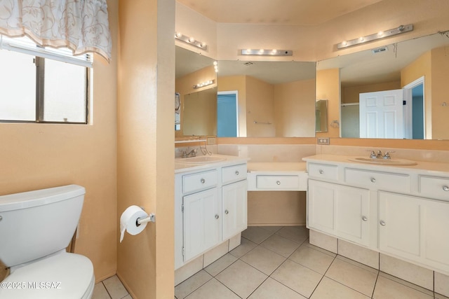 bathroom with vanity, toilet, and tile patterned flooring