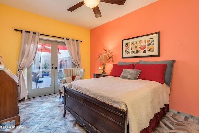 bedroom featuring parquet flooring, access to outside, ceiling fan, and french doors