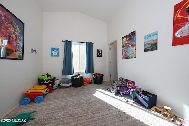 rec room with lofted ceiling and carpet flooring