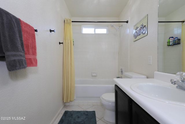 full bathroom with shower / bath combo, tile patterned floors, vanity, and toilet