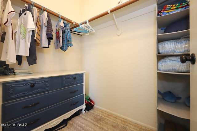 walk in closet featuring carpet flooring