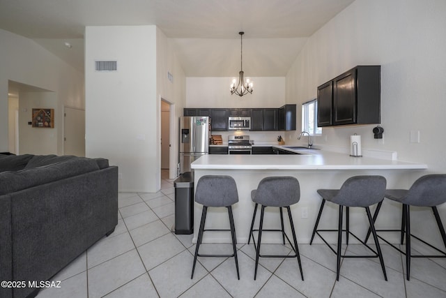 kitchen featuring kitchen peninsula, a kitchen breakfast bar, hanging light fixtures, appliances with stainless steel finishes, and sink