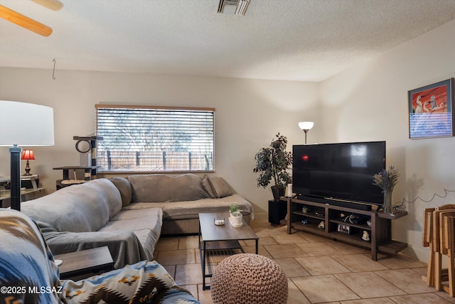 living room featuring ceiling fan and a textured ceiling