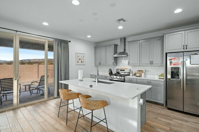 kitchen with appliances with stainless steel finishes, wall chimney exhaust hood, sink, gray cabinets, and a center island with sink