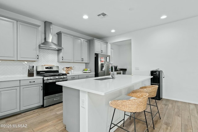 kitchen with appliances with stainless steel finishes, wall chimney exhaust hood, gray cabinets, a kitchen bar, and a kitchen island with sink