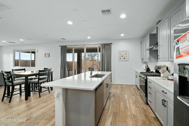 kitchen featuring sink, gray cabinets, a kitchen island with sink, wall chimney range hood, and stainless steel appliances