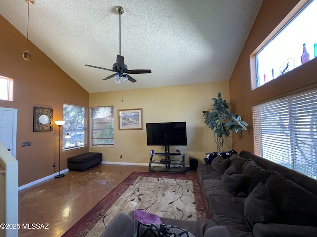 living room featuring ceiling fan, high vaulted ceiling, and a textured ceiling