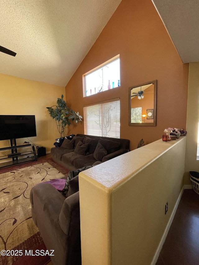 living room featuring high vaulted ceiling, hardwood / wood-style floors, and a textured ceiling