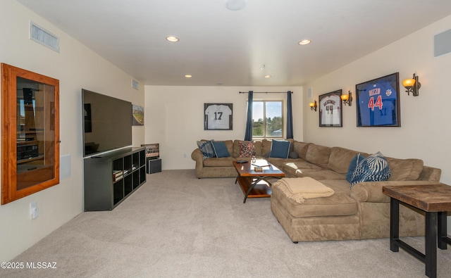 living room with visible vents, carpet flooring, and recessed lighting