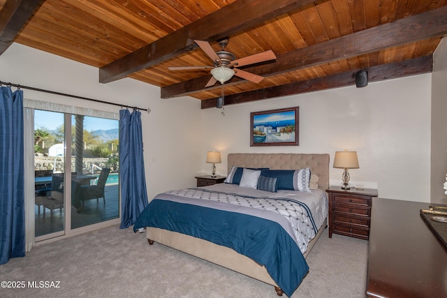 carpeted bedroom with ceiling fan, access to outside, beamed ceiling, and wooden ceiling