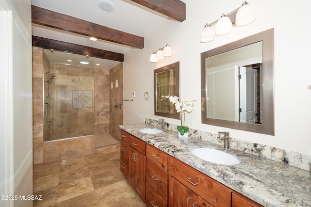 full bath featuring double vanity, a walk in shower, a sink, and beamed ceiling