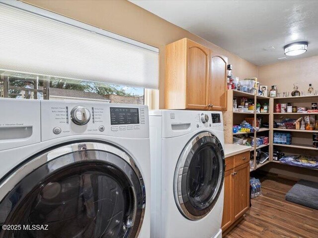 bathroom with wood-type flooring, separate shower and tub, and sink