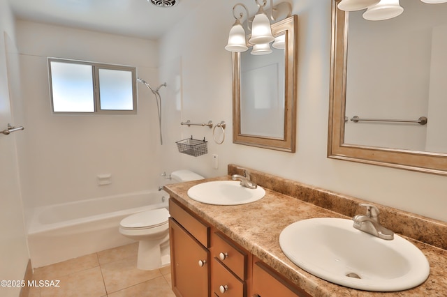 full bathroom with vanity, toilet, shower / bath combination, and tile patterned flooring