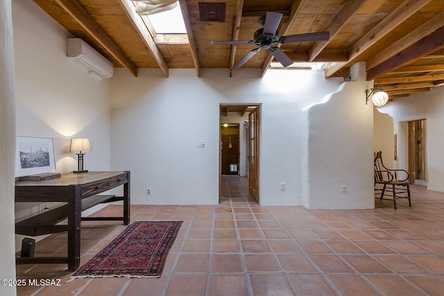 interior space featuring wood ceiling, ceiling fan, beamed ceiling, and a wall mounted AC