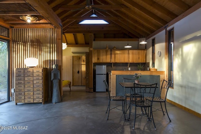 interior space with wood ceiling, beamed ceiling, and high vaulted ceiling