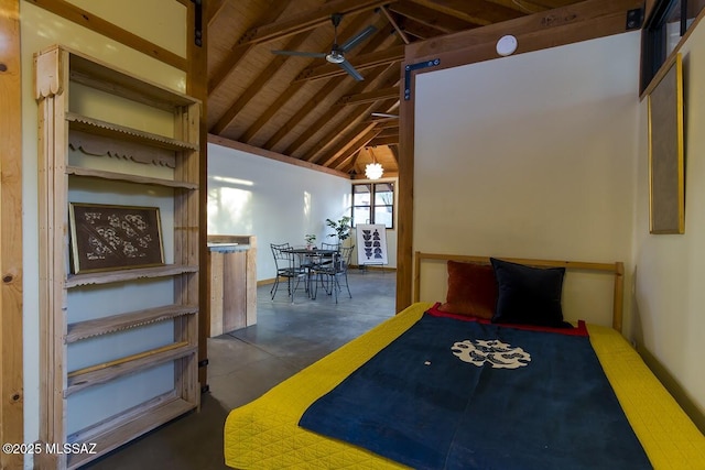 bedroom with vaulted ceiling with beams