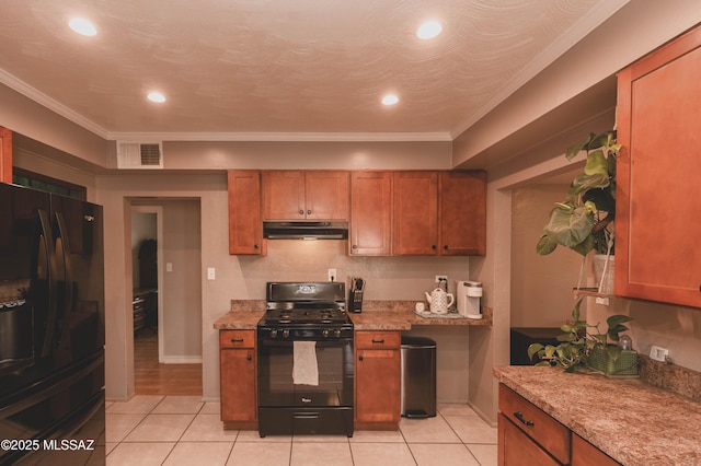 kitchen featuring crown molding, light tile patterned floors, light stone counters, and black appliances