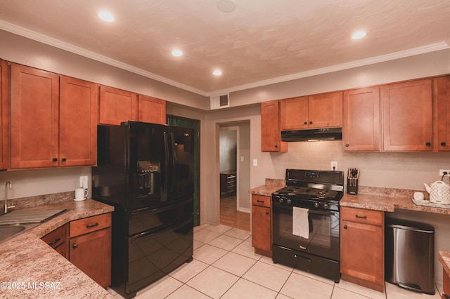 kitchen with light tile patterned flooring, sink, black appliances, crown molding, and light stone countertops