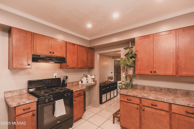 kitchen featuring ornamental molding, black range with gas cooktop, light stone countertops, and light tile patterned floors