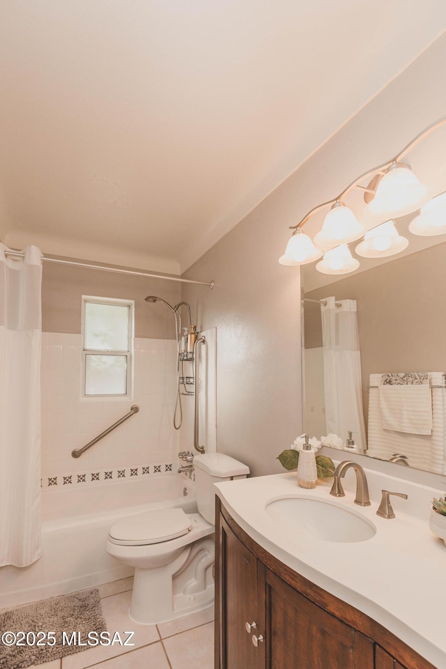 full bathroom featuring vanity, tile patterned floors, shower / bath combination with curtain, and toilet