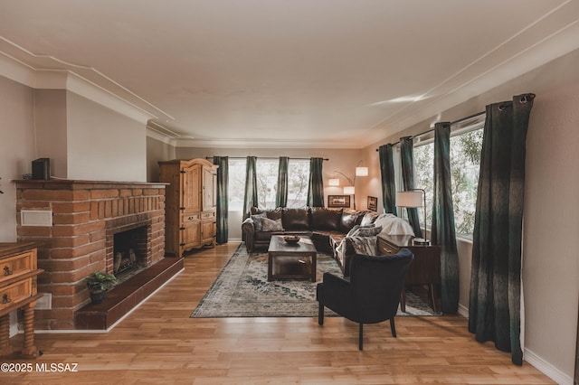 living room featuring a fireplace, crown molding, and light hardwood / wood-style flooring