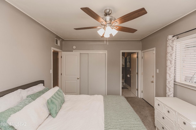 bedroom with ceiling fan, ensuite bath, carpet floors, and a closet