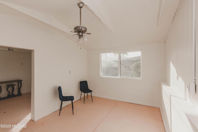 sitting room with lofted ceiling, light carpet, and ceiling fan