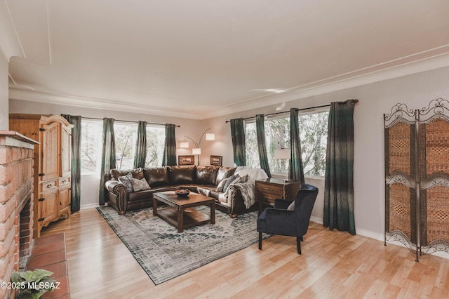 living room with ornamental molding, a wealth of natural light, and light hardwood / wood-style flooring