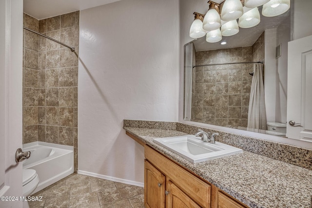 full bathroom featuring vanity, shower / bath combination with curtain, and toilet