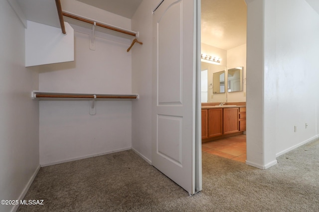 walk in closet featuring sink and light colored carpet