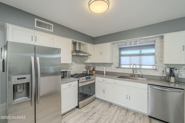 kitchen featuring sink, appliances with stainless steel finishes, tasteful backsplash, white cabinets, and wall chimney exhaust hood