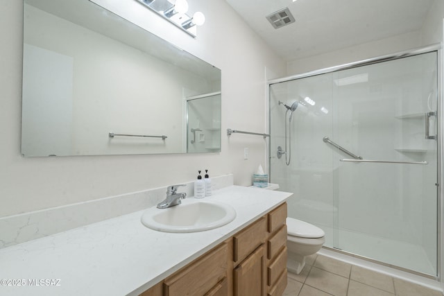 bathroom featuring an enclosed shower, vanity, tile patterned floors, and toilet