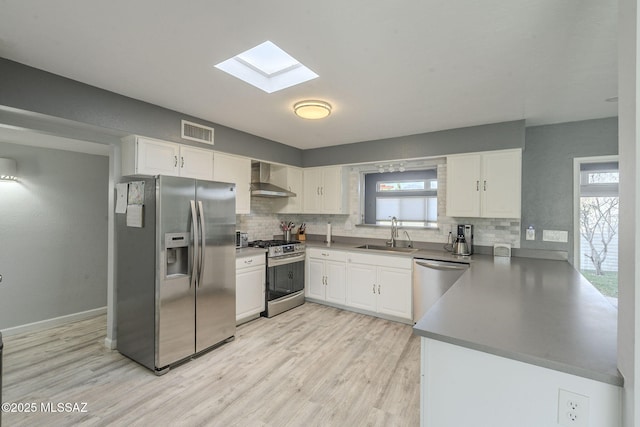 kitchen featuring wall chimney exhaust hood, sink, light wood-type flooring, appliances with stainless steel finishes, and white cabinets