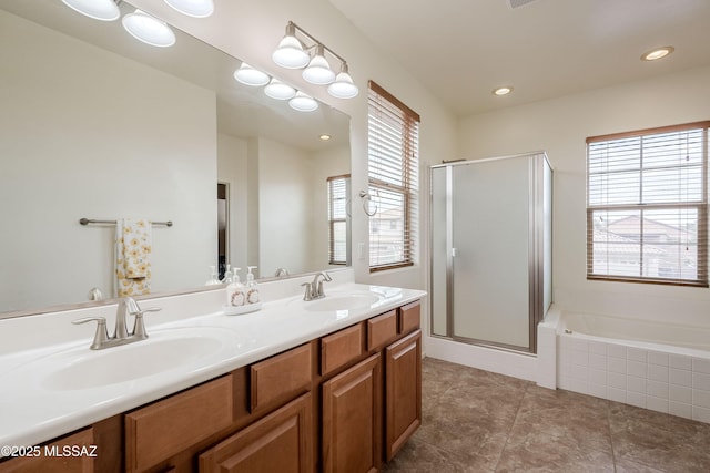 bathroom featuring vanity, separate shower and tub, and tile patterned floors