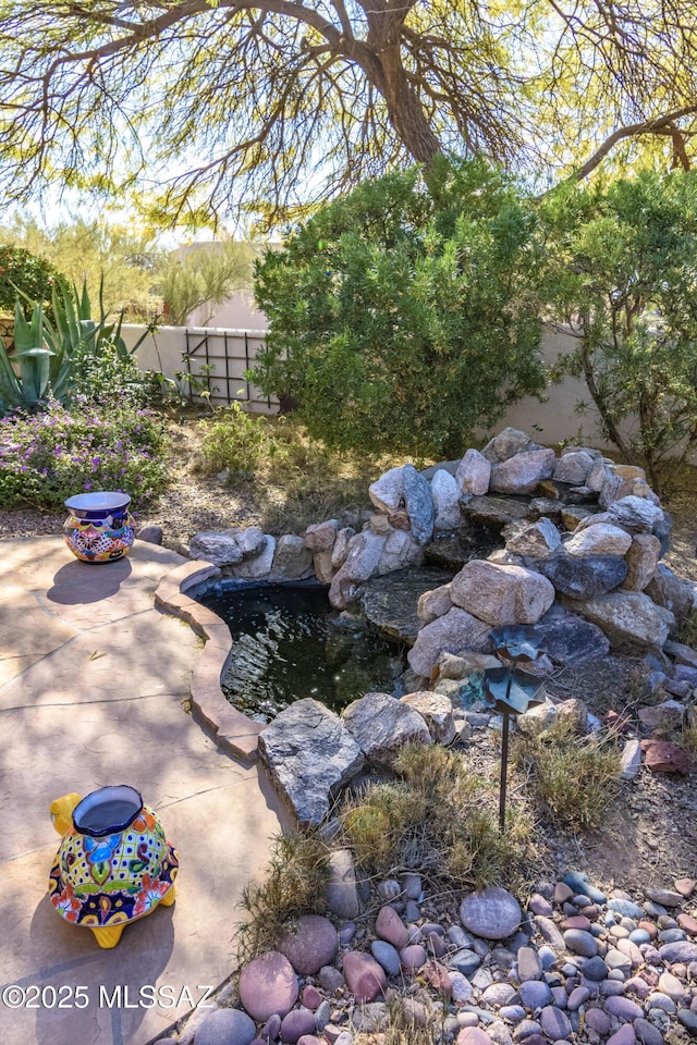 view of yard with a patio and a small pond