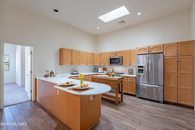 kitchen with sink, a skylight, kitchen peninsula, stainless steel appliances, and a high ceiling