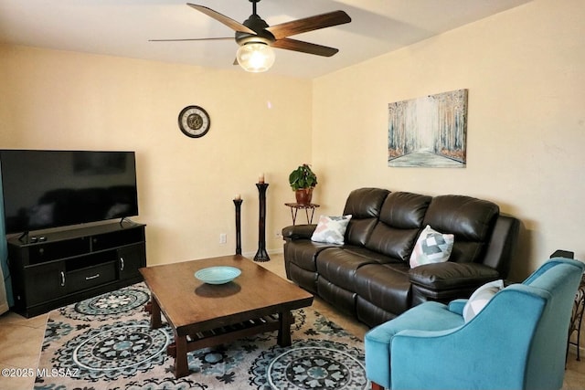 tiled living room featuring ceiling fan