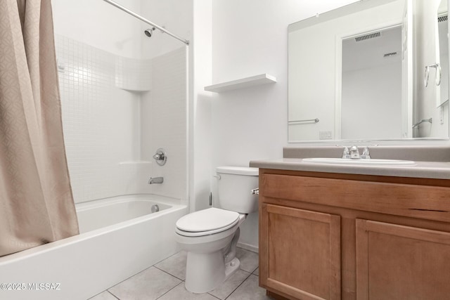 full bathroom featuring shower / bath combination with curtain, vanity, toilet, and tile patterned flooring