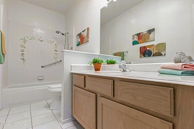 full bathroom with toilet,  shower combination, vanity, and tile patterned flooring