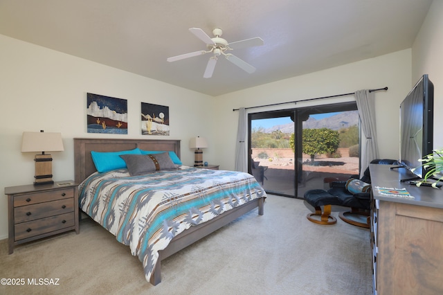 carpeted bedroom with access to exterior and ceiling fan