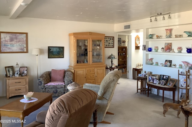 living room featuring beamed ceiling and light colored carpet