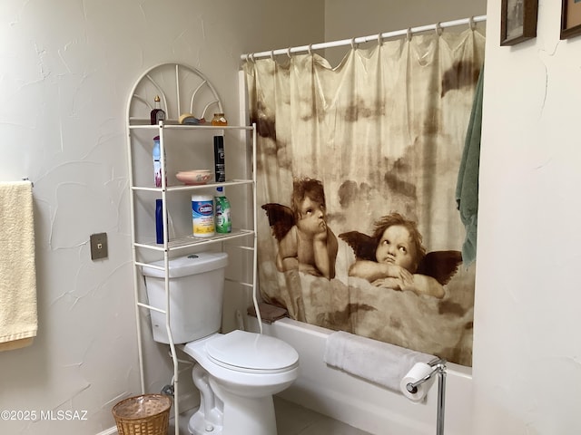 bathroom with shower / bathtub combination with curtain and toilet