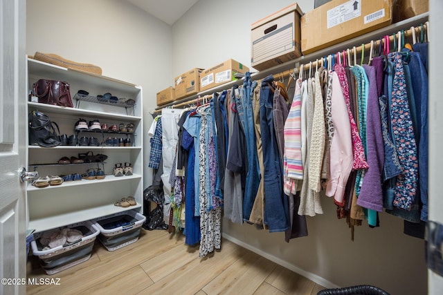 walk in closet with wood-type flooring