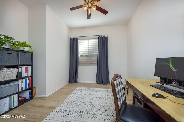 office with ceiling fan and light hardwood / wood-style flooring